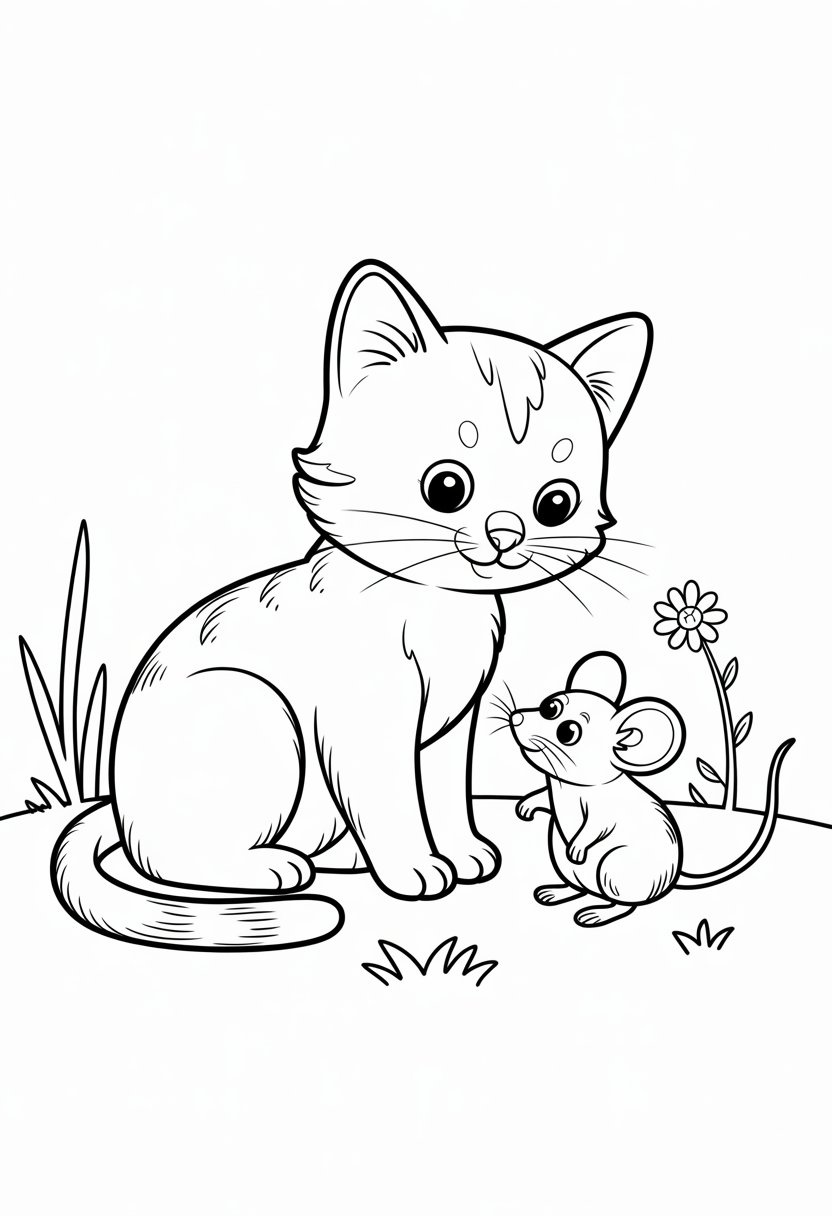 Printable Cute Cat Coloring Pages 20 Best Designs for All Ages 31 A cat sitting calmly next to a small mouse in a simple outdoor scene with grass and a flower.
